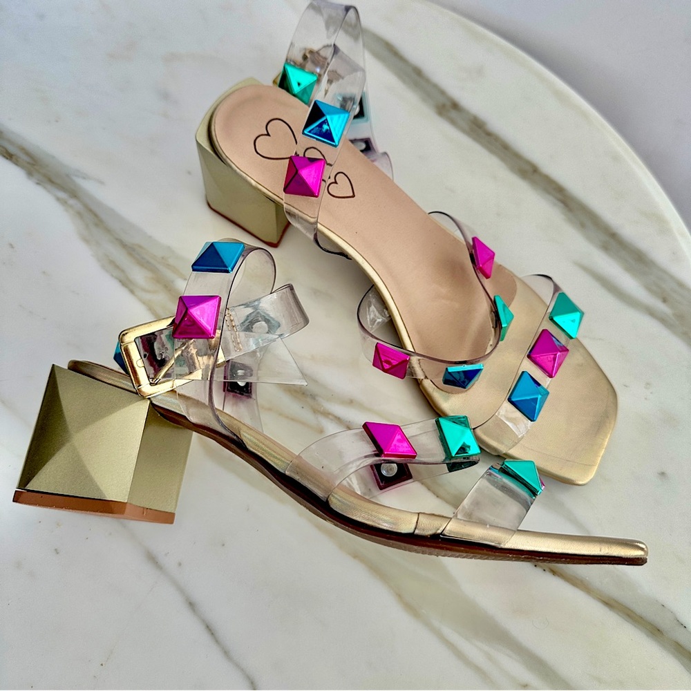 Square heeled straps sandals with colorful studs as 9